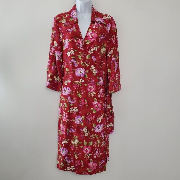 Silk Assets Diane Von Furstenberg Womens Vintage Red Floral Wrap Dress Size L - Picture 1 of 9